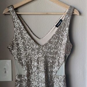NWT BEBE Gold Sequin White Hot Sparkle Mini Dress with Side Panels